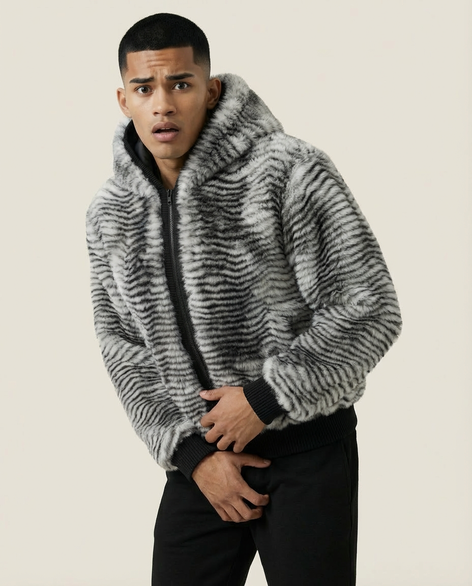 Sweats - Striped Faux Fur Hooded Jacket