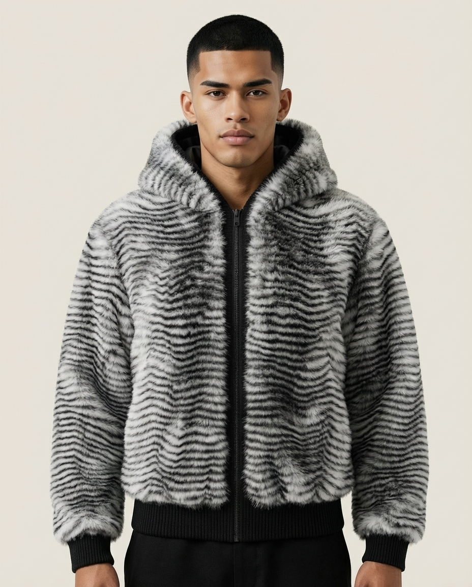 Sweats - Striped Faux Fur Hooded Jacket