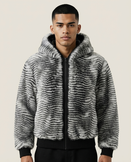 Sweats - Striped Faux Fur Hooded Jacket