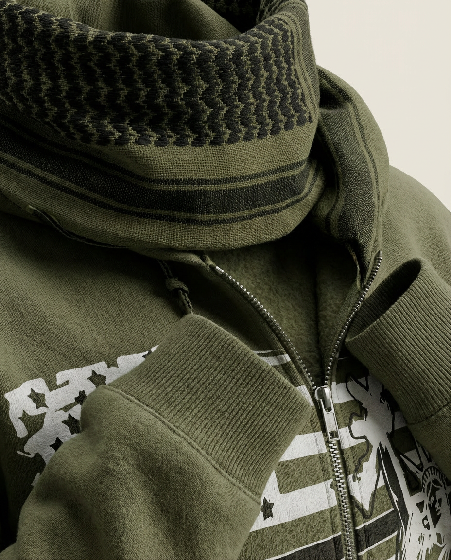 Sweats - Graphic Zip-Up Hoodie with Cowl Neck
