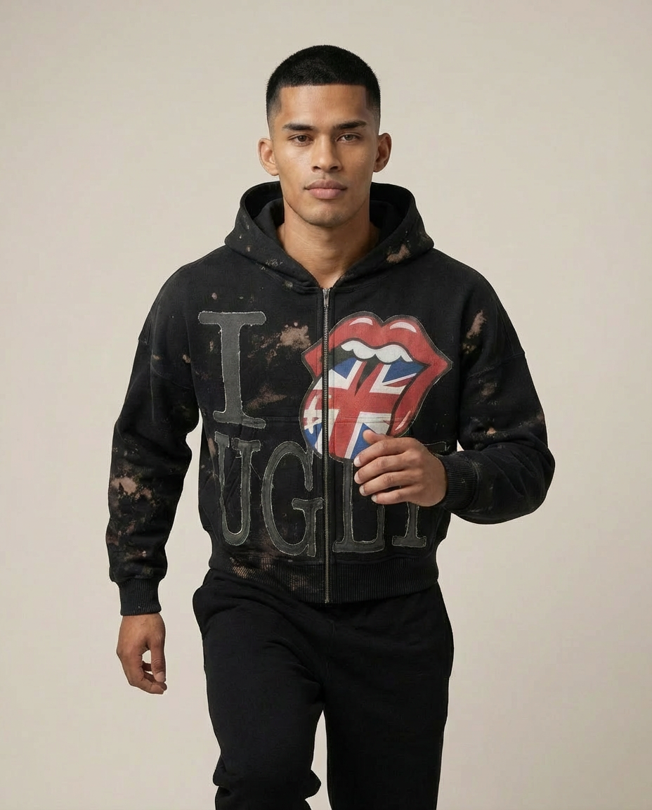 Sweats - Distressed "I Ugly" Full-Zip Hoodie