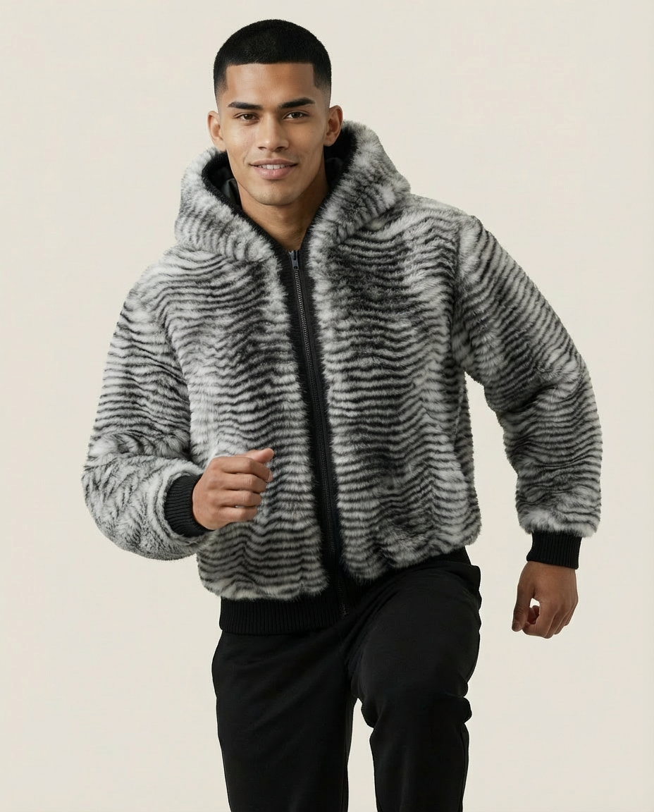Sweats - Striped Faux Fur Hooded Jacket
