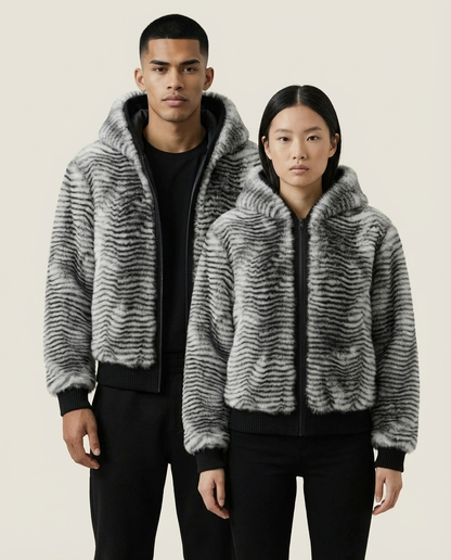 Sweats - Striped Faux Fur Hooded Jacket