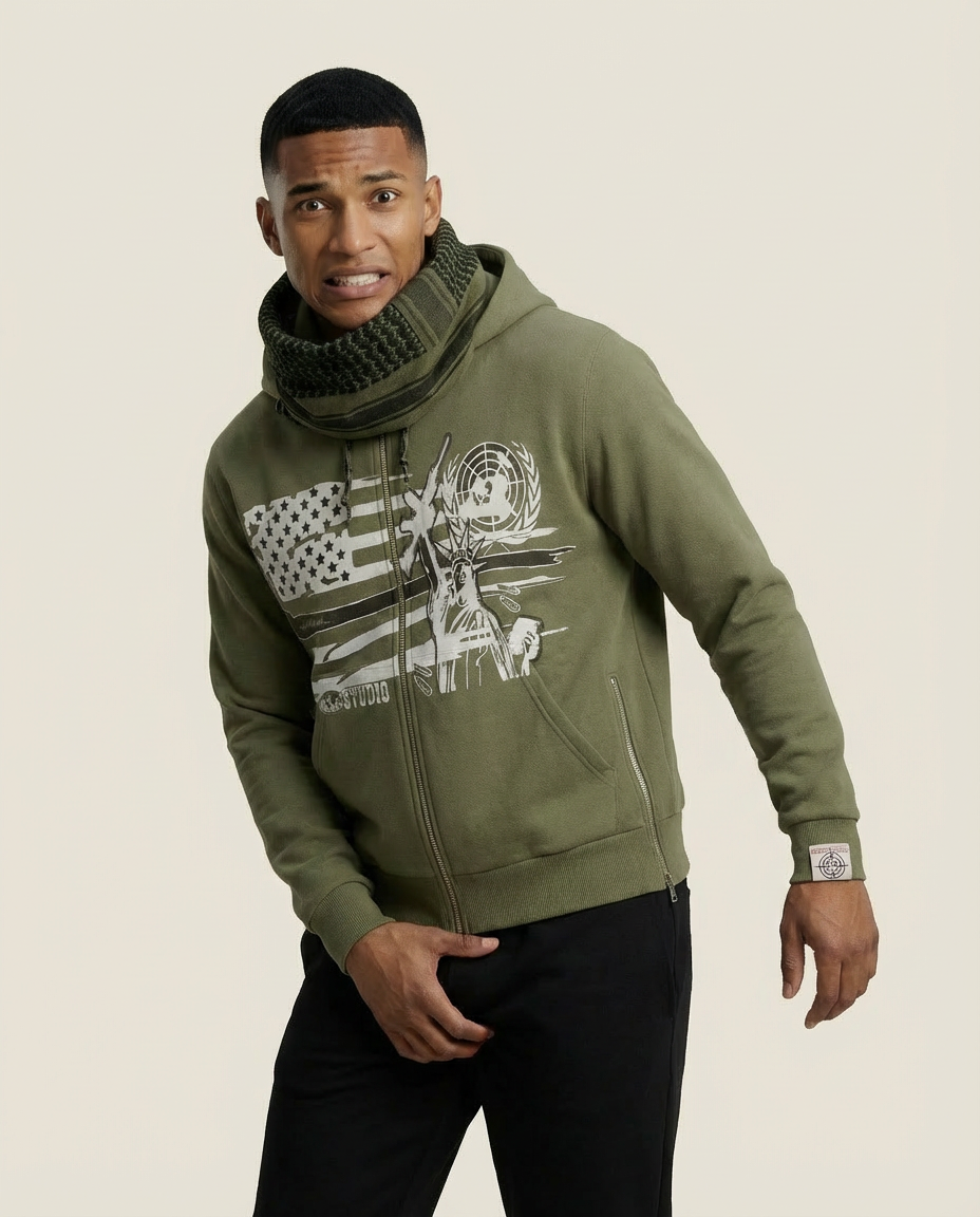 Sweats - Graphic Zip-Up Hoodie with Cowl Neck