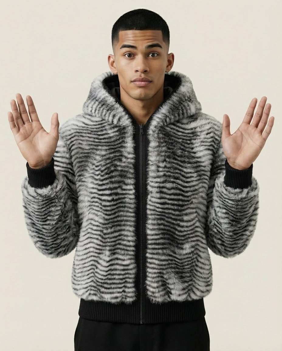 Sweats - Striped Faux Fur Hooded Jacket