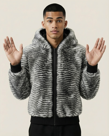 Sweats - Striped Faux Fur Hooded Jacket