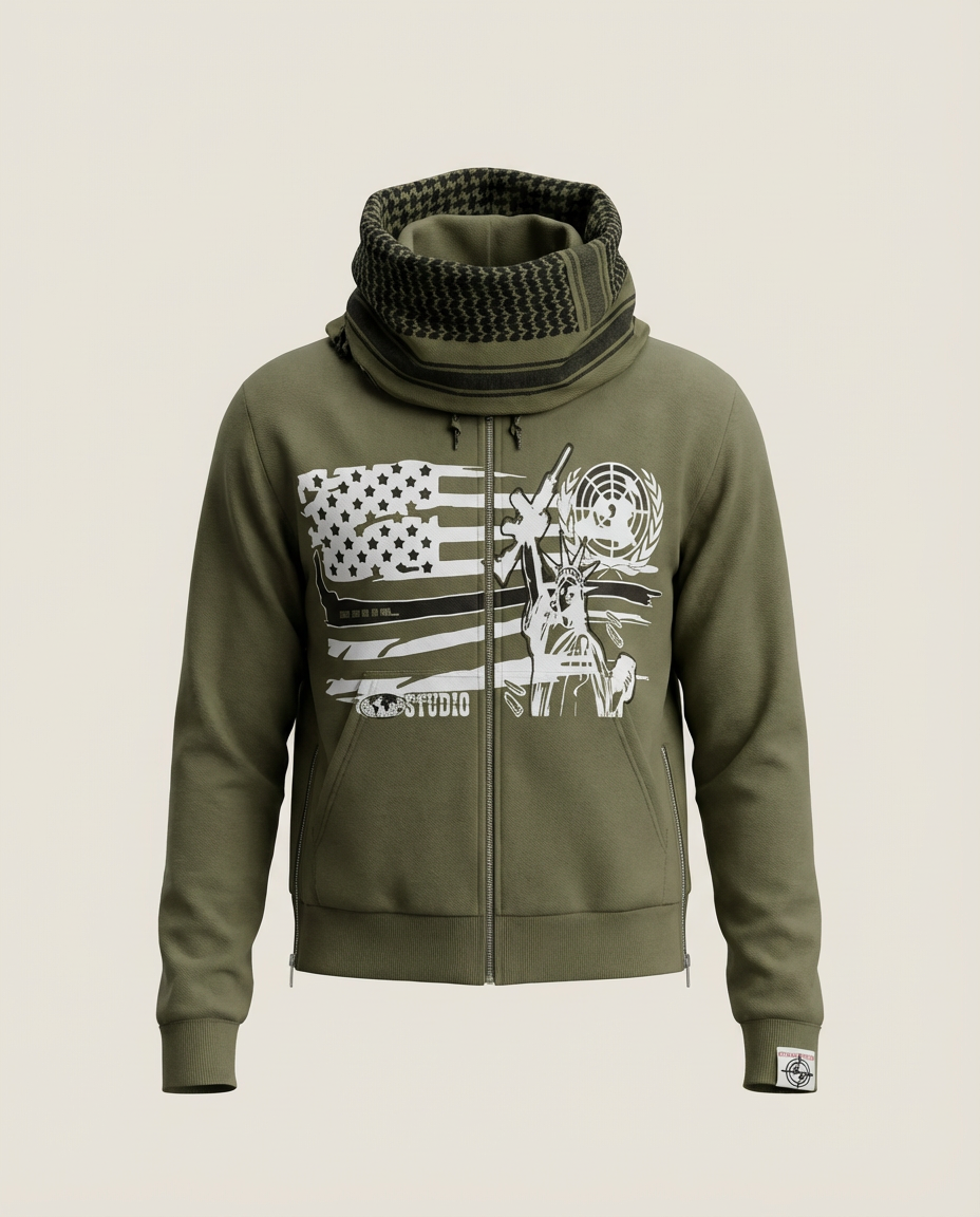 Sweats - Graphic Zip-Up Hoodie with Cowl Neck