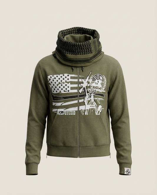 Sweats - Graphic Zip-Up Hoodie with Cowl Neck