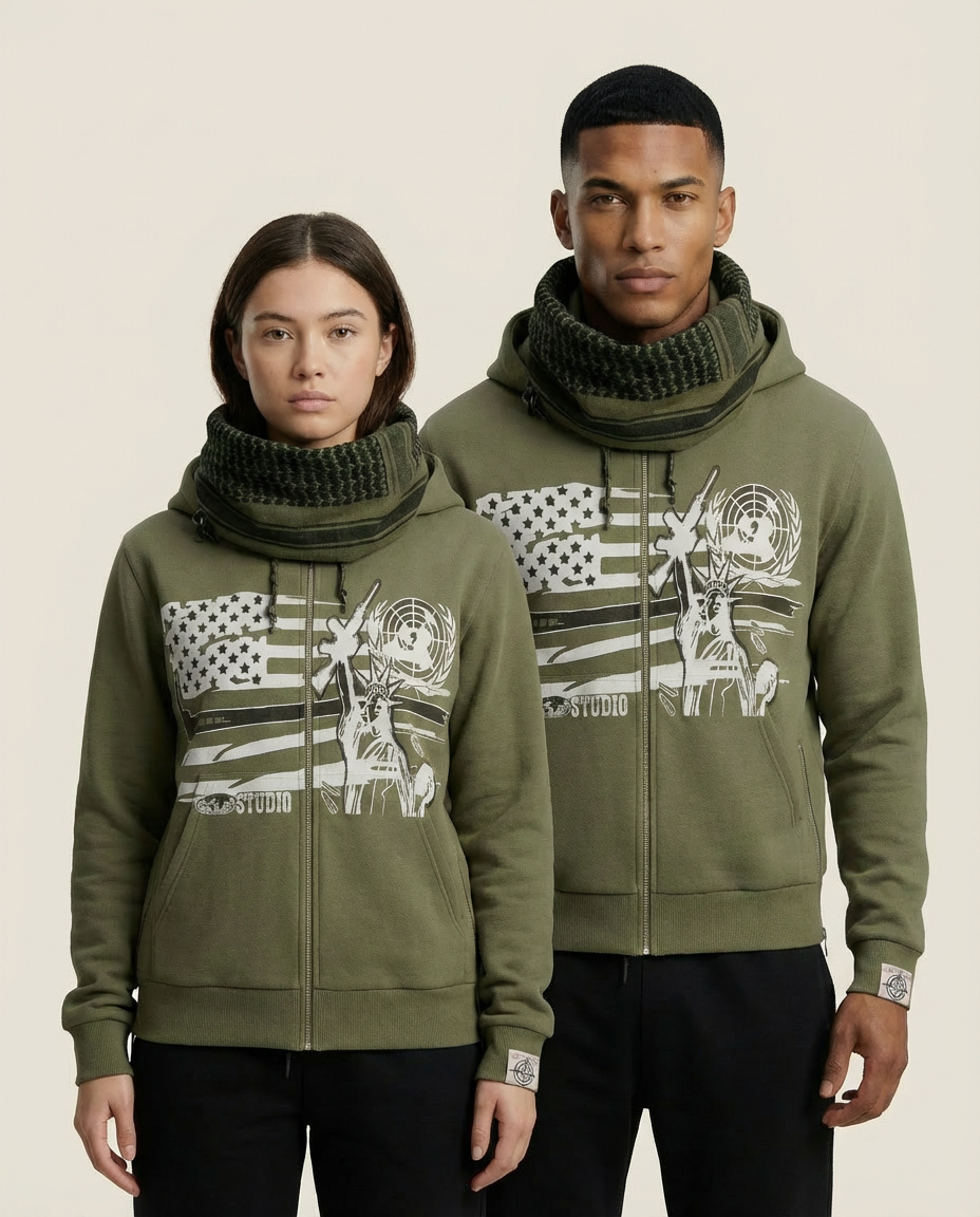 Sweats - Graphic Zip-Up Hoodie with Cowl Neck