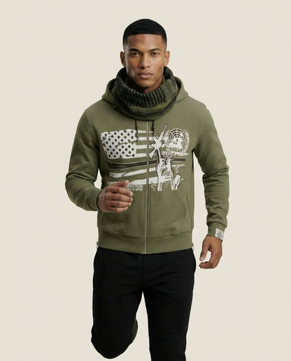 Sweats - Graphic Zip-Up Hoodie with Cowl Neck