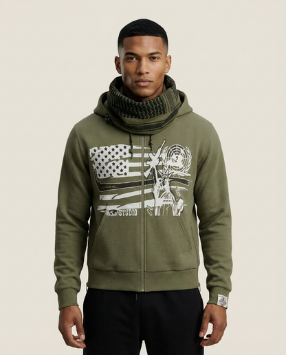 Sweats - Graphic Zip-Up Hoodie with Cowl Neck