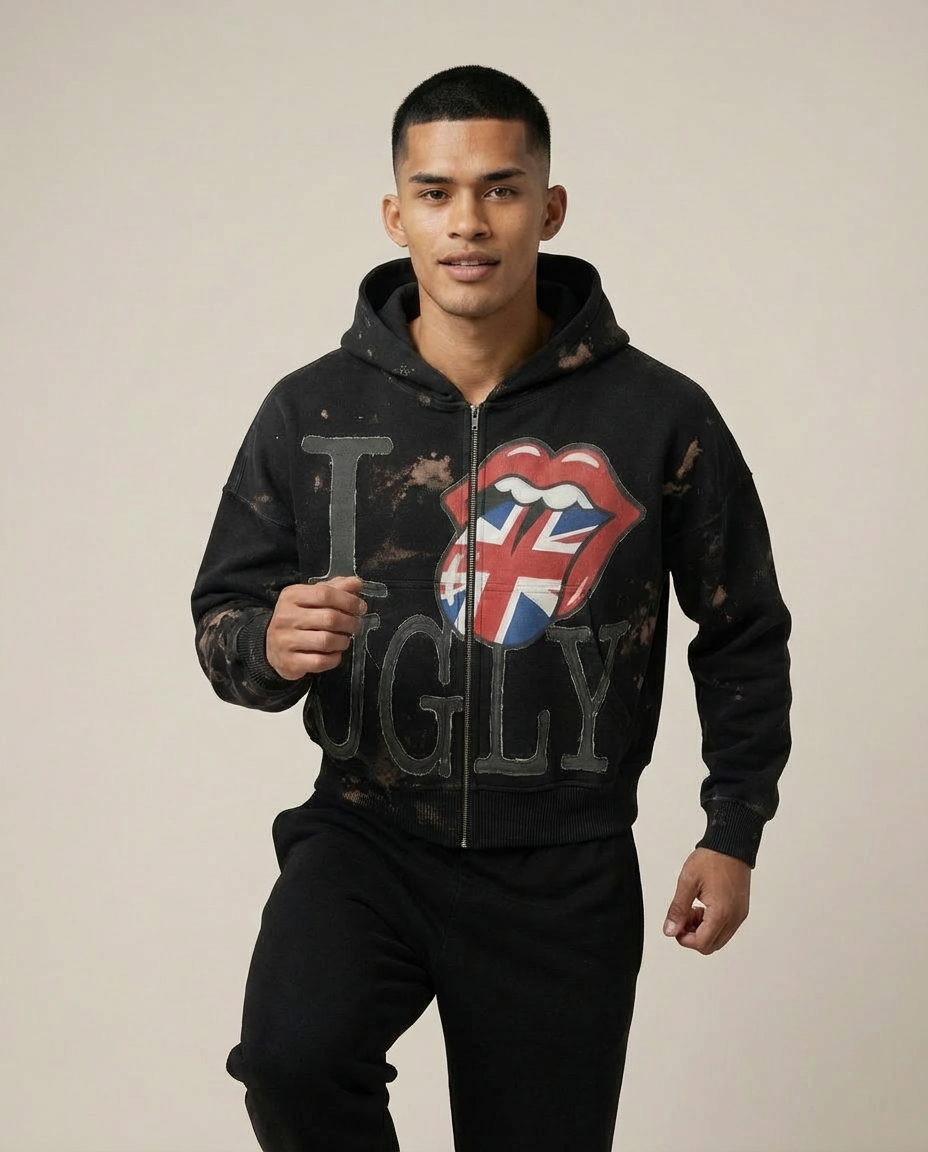 Sweats - Distressed "I Ugly" Full-Zip Hoodie