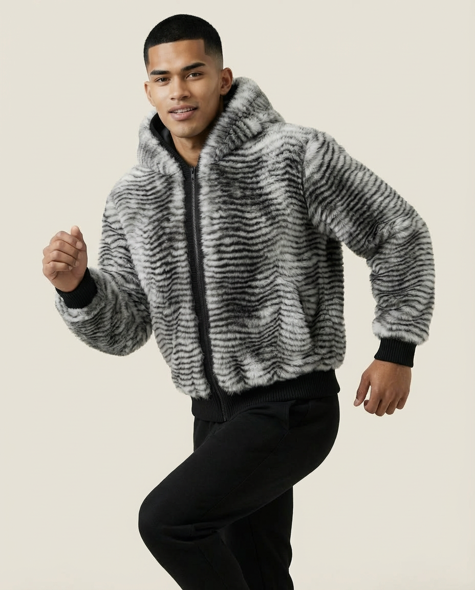 Sweats - Striped Faux Fur Hooded Jacket