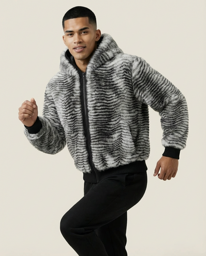 Sweats - Striped Faux Fur Hooded Jacket