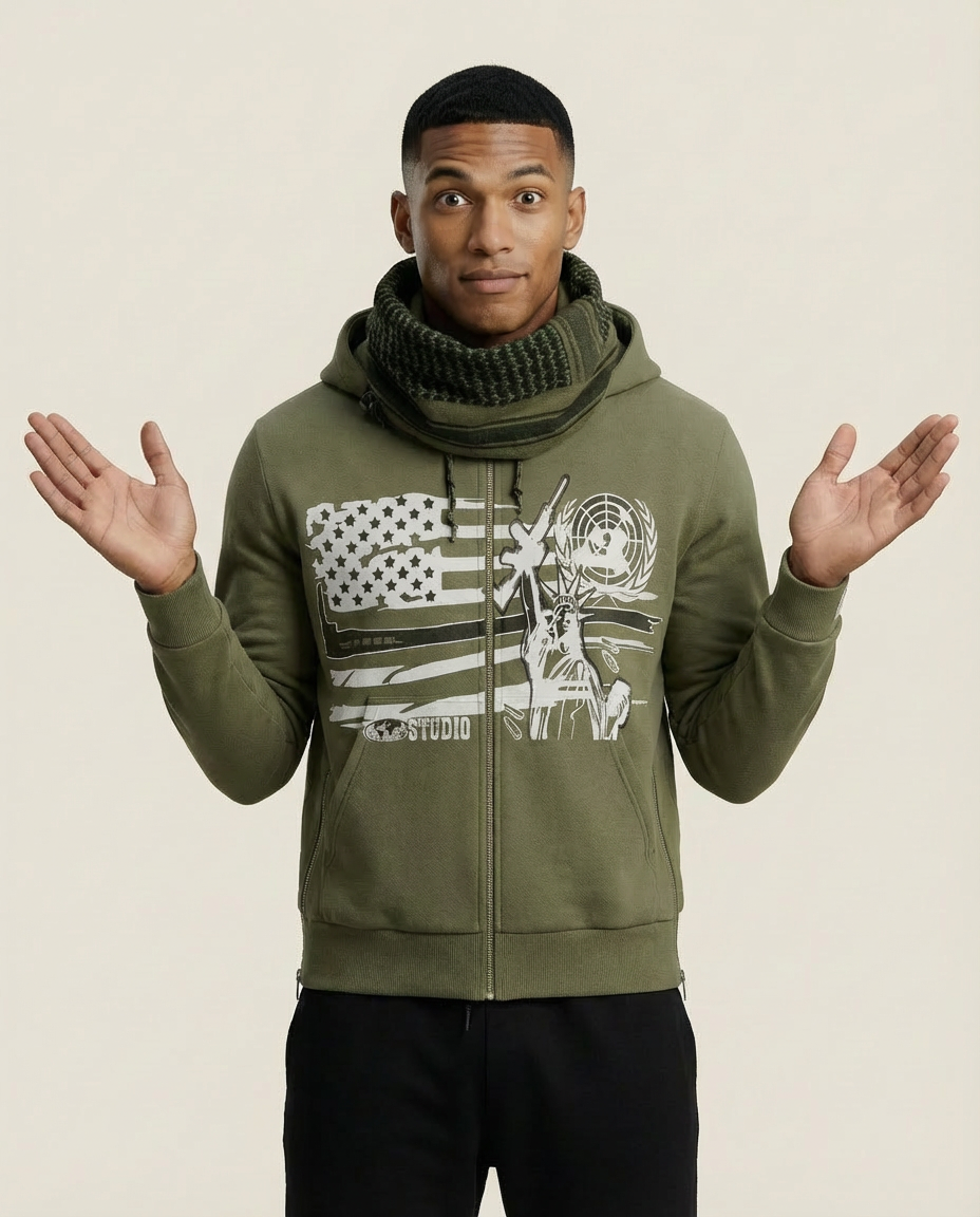 Sweats - Graphic Zip-Up Hoodie with Cowl Neck
