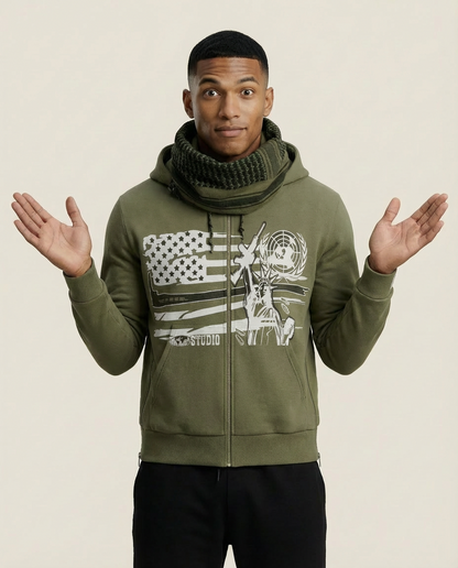 Sweats - Graphic Zip-Up Hoodie with Cowl Neck